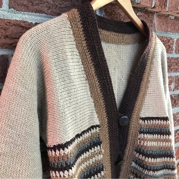 Handmade Knit Crochet Cardigan Grannycore Brown Tan Size Medium - Picture 3 of 13